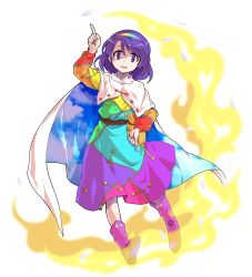 Rule 34 | 1girl, alphes (style), arm up, bag, belt, blue dress, blue hairband, blue sky, boots, bow, brown belt, cloak, cloud, cloudy sky, collar, dairi, dress, fire, full body, green dress, green hairband, hair between eyes, hairband, hand up, highres, long sleeves, looking at viewer, multicolored clothes, multicolored dress, multicolored hairband, open mouth, orange dress, orange sleeves, parody, pink bow, pink dress, pink footwear, purple dress, purple eyes, purple hair, purple hairband, red dress, red sleeves, short hair, sky, sky print, smile, solo, standing, style parody, tachi-e, tenkyuu chimata, touhou, transparent background, white cloak, white collar, yellow bag, yellow dress, yellow hairband, yellow sleeves