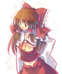 Rule 34 | 1girl, al, bad id, bad pixiv id, bow, brown hair, detached sleeves, female focus, hair bow, hair tubes, hakurei reimu, hand on own hip, imperishable night, japanese clothes, long hair, looking down, midriff, miko, mugura, navel, red eyes, ribbon, simple background, skirt, sleeves past wrists, solo, touhou
