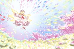 Rule 34 | 1girl, blonde hair, bow, capelet, cherry blossoms, colorful, danmaku, dress, eyebrows, closed eyes, fairy, fairy wings, flower, frilled dress, frills, full body, happy, hat, headwear request, hidden star in four seasons, highres, lily white, long sleeves, neckwear request, open mouth, outstretched arms, red bow, red neckwear, short hair, sky, solo, spell card, sunnysideup, touhou, white capelet, white dress, white footwear, wide sleeves, wings