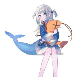 Rule 34 | 1girl, absurdres, blue eyes, blue hair, blue hoodie, blunt bangs, commentary, ebi-chan (gawr gura), feet out of frame, fins, fish tail, gawr gura, gawr gura (1st costume), grey hair, hair ornament, highres, hololive, hololive english, hood, hoodie, hugging doll, hugging object, knees together feet apart, long hair, long sleeves, looking at viewer, multicolored hair, no pants, oversized clothes, parted lips, shark girl, shark hair ornament, shark tail, simple background, sitting, solo, streaked hair, symbol-only commentary, tail, two side up, umiikuru, virtual youtuber, white background, wide sleeves