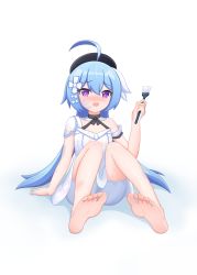 Rule 34 | 1girl, absurdres, barefoot, blue hair, blush, feet, griseo, highres, honkai (series), honkai impact 3rd, long hair, looking at viewer, open mouth, paintbrush, purple eyes, soles, toes, white background