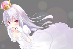 Rule 34 | 1girl, aged down, blush, breasts, brooch, cleavage, crown, detached collar, dress, frilled dress, frills, gloves, hair between eyes, hands up, jewelry, long hair, looking at viewer, luigi&#039;s mansion, mario (series), new super mario bros. u deluxe, nintendo, open mouth, princess king boo, red eyes, short sleeves, silver hair, small breasts, super crown, tears, tenjou ryuka, white dress, white gloves