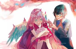 Rule 34 | 10s, 1boy, 1girl, black hair, blue eyes, blush, couple, darling in the franxx, dress, flower, green eyes, hair flower, hair ornament, highres, hiro (darling in the franxx), holding, holding another&#039;s hair, holding flower, horns, kyoukaraa, long hair, looking at another, military, military uniform, necktie, oni horns, pink hair, red dress, red neckwear, short hair, signature, uniform, wings, zero two (darling in the franxx)