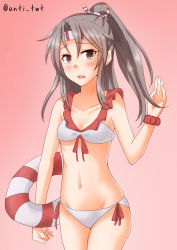 Rule 34 | 1girl, anti (untea9), bikini, breasts, brown eyes, commentary request, frilled bikini, frills, gradient background, grey hair, groin, headband, high ponytail, highres, innertube, kantai collection, long hair, looking at viewer, muneate, red background, scrunchie, side-tie bikini bottom, small breasts, solo, swim ring, swimsuit, twitter username, white bikini, wrist scrunchie, zuihou (kancolle)