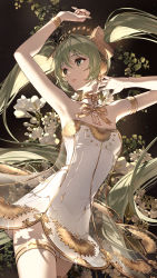 Rule 34 | 1girl, armpits, arms up, black background, bracelet, chest tattoo, commentary, cowboy shot, detached collar, dress, flower, glint, gold, gold trim, green eyes, green hair, hatsune miku, highres, jewelry, lips, long hair, looking to the side, miku symphony (vocaloid), nardack, parted lips, ribbon, see-through, see-through dress, solo, sparkle, strapless, strapless dress, tattoo, thighlet, tutu, twintails, very long hair, vocaloid, white dress, white flower