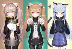 Rule 34 | animal ears, animal hands, bad id, bad pixiv id, black jacket, black ribbon, blue hair, blush, brown hair, cat ears, clothes lift, dress shirt, fake animal ears, fang, girls&#039; frontline, green eyes, grey skirt, hair between eyes, hair ornament, heart, heart-shaped pupils, highres, hk416 (girls&#039; frontline), jacket, lifting own clothes, long hair, long sleeves, looking at viewer, nasal, navel, neck ribbon, open clothes, open jacket, open mouth, pantyhose, pleated skirt, red eyes, ribbon, scar, scar across eye, scar on face, shirt, siblings, sidelocks, simple background, sisters, skirt, solo, standing, stomach, straight hair, symbol-shaped pupils, tail, thigh strap, thighhighs, topu, twins, twintails, ump45 (girls&#039; frontline), ump9 (girls&#039; frontline), uniform, very long hair, white shirt, yellow eyes