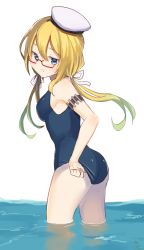 Rule 34 | 10s, 1girl, :t, adjusting clothes, adjusting swimsuit, ass, blonde hair, from side, gi (melmail), glasses, hat, i-8 (kancolle), kantai collection, long hair, one-piece swimsuit, school swimsuit, solo, swimsuit, twintails, water