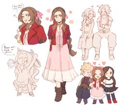 Rule 34 | 2boys, 2girls, aerith gainsborough, anger vein, arm hug, black hair, blush, boots, braid, braided ponytail, brown footwear, brown hair, chair, chibi, cloud strife, crop top, cropped jacket, dress, final fantasy, final fantasy vii, final fantasy vii remake, folding chair, highres, jacket, looking at viewer, midriff, mimiblargh, multiple boys, multiple girls, navel, open mouth, red jacket, sandwiched, skirt, smile, square enix, thighhighs, tifa lockhart, zack fair