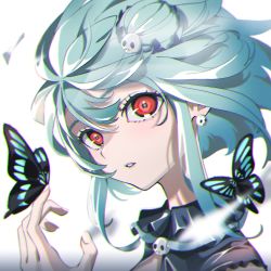 Rule 34 | 1girl, bug, butterfly, earrings, floating hair, from side, green hair, hair bun, hair ornament, head tilt, highres, hololive, insect, jewelry, looking at viewer, natsume hinako, parted lips, portrait, red eyes, short hair, single hair bun, skull earrings, skull hair ornament, solo, uruha rushia, uruha rushia (1st costume), virtual youtuber, white background