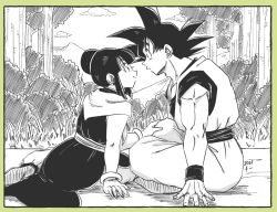 Rule 34 | 1boy, 1girl, arm support, bare arms, black dress, black eyes, black hair, blunt bangs, border, bracelet, bush, chi-chi (dragon ball), chi (cmon 57), closed mouth, cloud, cloudy sky, couple, crossed legs, dougi, dragon ball, dragonball z, dress, expressionless, eye contact, eyelashes, face-to-face, fingernails, forest, grass, green border, greyscale, hair bun, hand on another&#039;s knee, hetero, jewelry, looking at another, monochrome, mountain, muscular, muscular male, nature, neckerchief, obi, on ground, outdoors, profile, sash, shoe soles, side-by-side, side slit, sidelocks, single hair bun, sitting, sky, smile, son goku, spiked hair, tree, wristband