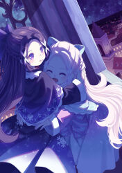 Rule 34 | 2girls, 54hao, :d, :o, ^ ^, blue bow, blue capelet, blush, bow, braid, capelet, cityscape, closed eyes, commentary, dress, forehead, hair bow, hair ornament, highres, hug, indoors, long hair, long sleeves, multiple girls, nail polish, night, night sky, open mouth, original, parted bangs, parted lips, pink nails, purple bow, purple capelet, purple dress, purple eyes, purple hair, siblings, sisters, sky, sleeves past wrists, smile, star (sky), starry sky, striped, striped bow, twins, very long hair, wide sleeves, x hair ornament