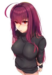 Rule 34 | 1girl, ahoge, black sweater, blush, breasts, fate/grand order, fate (series), hair between eyes, highres, imes, large breasts, long hair, long sleeves, looking at viewer, open mouth, purple hair, red eyes, ribbed sweater, scathach (fate), simple background, solo, sweater, thighs, turtleneck, turtleneck sweater, white background