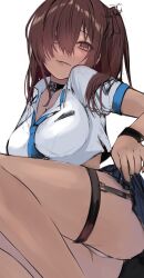 Rule 34 | 1girl, ass, black collar, blue necktie, breasts, brown eyes, brown hair, cleavage, clothes lift, collar, collared shirt, cropped shirt, dark-skinned female, dark skin, fujisaki subaru, goddess of victory: nikke, grin, hair ornament, highres, large breasts, long hair, looking at viewer, loose necktie, mouth hold, naga (nikke), necktie, one eye covered, parted lips, pleated skirt, shirt, short sleeves, side ponytail, simple background, skirt, skirt lift, smile, solo, white background, white shirt
