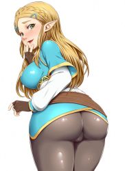 Rule 34 | 1girl, :d, anoni-chan, ass, black pants, blonde hair, blush, braid, breasts, cameltoe, curvy, from behind, gloves, green eyes, highres, hip focus, huge ass, large breasts, looking at viewer, looking back, nintendo, open mouth, pants, pointy ears, princess zelda, smile, the legend of zelda, the legend of zelda: breath of the wild, tight clothes, tight pants, wide hips