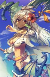 Rule 34 | 10s, 1girl, arm up, bazooka oiran, belt, bikini, blue sky, breasts, cleavage, closed mouth, cloud, cloudy sky, dark-skinned female, dark skin, day, dragon, floating hair, flower, front-tie bikini top, front-tie top, granblue fantasy, hair between eyes, hair flower, hair ornament, hibiscus, highres, holding, holding sword, holding weapon, large breasts, long hair, looking at viewer, outdoors, palm tree, red eyes, side-tie bikini bottom, sky, smile, solo, swimsuit, sword, tree, weapon, white bikini, white hair, zooey (granblue fantasy), zooey (summer) (granblue fantasy)