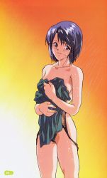 Rule 34 | 1980s (style), 1girl, artbook, bare shoulders, blue eyes, blue hair, board game, clothes pull, covering privates, mahjong, matching hair/eyes, oldschool, one-piece swimsuit, one-piece swimsuit pull, retro artstyle, serizawa miki, short hair, showering, solo, strip game, strip mahjong, super real mahjong, swimsuit, tanaka ryou, towel, undressing, water, wet