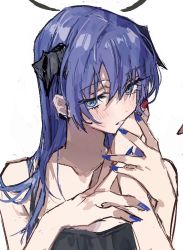 Rule 34 | 2girls, arknights, black halo, black tank top, blue eyes, blue hair, blue nails, blush, collarbone, dark halo, demon horns, earclip, exusiai (arknights), female pov, hair between eyes, halo, hand grab, hand on another&#039;s cheek, hand on another&#039;s face, highres, horns, long hair, looking at viewer, mostima (arknights), multiple girls, na tarapisu153, nail polish, pov, pov hands, red nails, shadow, simple background, solo focus, tank top, white background, yuri