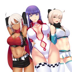 Rule 34 | 3girls, absurdres, adapted costume, ahoge, alternate costume, bad id, bad pixiv id, belt, black ribbon, black scarf, blonde hair, blue eyes, blunt bangs, breasts, center opening, choker, cleavage, commentary, crop top, elbow gloves, fate/grand order, fate (series), gloves, highleg, highleg panties, highres, large breasts, martha (fate), miniskirt, multiple girls, navel, nkuroo9, okita souji, okita souji (fate), okita souji (koha-ace), okita souji alter (fate), okita souji alter (first ascension) (fate), one-piece swimsuit, panties, purple hair, red scarf, red tassel, ribbon, scarf, skirt, straight hair, swimsuit, thighhighs, underwear, white background, white hair, yellow eyes