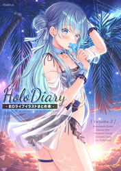 Rule 34 | 1girl, arm up, ass, bikini, bikini skirt, blue eyes, blue hair, blush, brooch, candy, cloud, comiket 102, commentary request, cover, cover page, cowboy shot, detached collar, food, frills, gradient sky, hair bun, highres, holding, holding candy, holding food, holding lollipop, hololive, hoshimachi suisei, jewelry, lollipop, long hair, night, night sky, palm tree, plaid, plaid bikini, see-through, see-through shirt, shirakawako, sky, solo, star-shaped food, star (sky), star (symbol), starry sky, swimsuit, thigh strap, thighs, tree, virtual youtuber, wet, wing collar