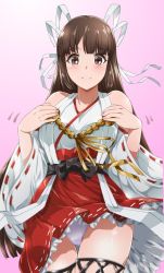 Rule 34 | 1girl, bare shoulders, blush, breasts, brown eyes, brown hair, closed mouth, cosplay, detached sleeves, gradient background, hair ribbon, hakama, hakama skirt, hands on own chest, haruna (kancolle), haruna (kancolle) (cosplay), hiyou (kancolle), japanese clothes, kantai collection, long hair, looking at viewer, makumaxu, nontraditional miko, panties, pantyshot, red hakama, ribbon, ribbon-trimmed sleeves, ribbon trim, skirt, thighhighs, thighs, underwear, upper body, white panties, wide sleeves
