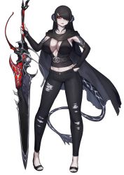 Rule 34 | 1girl, au ra, warrior of light (ff14), black hair, black horns, black sclera, black shirt, blouse, breasts, bridal gauntlets, cape, cinko, cleavage, collarbone, colored sclera, dark knight (final fantasy), dragon girl, dragon horns, dragon tail, fictional persona, final fantasy, final fantasy xiv, full body, greatsword, hair over one eye, hand on own hip, hand up, holding, holding sword, holding weapon, horns, large breasts, light smile, long hair, looking at viewer, midriff, navel, pale skin, pants, parted bangs, parted lips, planted, red eyes, sandals, scales, shirt, simple background, sleeveless, sleeveless shirt, solo, standing, stomach, swept bangs, sword, tail, toes, torn clothes, torn pants, weapon, white background