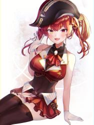 Rule 34 | 1girl, arm support, ascot, black hat, black thighhighs, breasts, cleavage, gloves, hand up, hat, heterochromia, highres, hololive, houshou marine, large breasts, leotard, leotard under clothes, looking at viewer, open mouth, pirate hat, red ascot, red eyes, red hair, red skirt, ryunbi, see-through, see-through cleavage, see-through leotard, short hair, sitting, skirt, smile, solo, thighhighs, twintails, virtual youtuber, white gloves, yellow eyes, zettai ryouiki