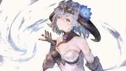 Rule 34 | 1girl, blue flower, blue hair, character request, detached collar, flower, gauntlets, granblue fantasy, hair flower, hair ornament, horns, n.a., purple eyes, short hair, simple background, solo, tagme, white background