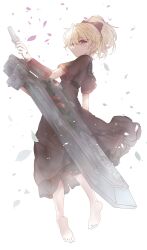 Rule 34 | 1girl, absurdres, andou tazusa, arm at side, assault lily, barefoot, blonde hair, bow, brown dress, closed mouth, commentary request, dress, falling leaves, fingernails, floating, frilled dress, frills, from below, from side, full body, greatsword, hair between eyes, hair bow, hand up, high ponytail, highres, holding, holding sword, holding weapon, huge weapon, kuro ula, leaf, light blush, light particles, long dress, looking at viewer, looking to the side, ponytail, red bow, red eyes, short hair, short sleeves, simple background, sleeve bow, soles, solo, sword, weapon, white background, wide sleeves