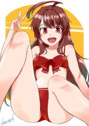 Rule 34 | 1girl, ahoge, artist name, bikini, breasts, brown hair, commentary request, cowboy shot, fang, front-tie top, highres, huge ahoge, index finger raised, kantai collection, kote (dew), kuma (kancolle), long hair, looking at viewer, one-hour drawing challenge, red bikini, red eyes, sitting, small breasts, smile, solo, swimsuit, two-tone background, white background