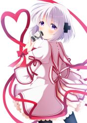 Rule 34 | 1girl, capelet, commentary request, cross hair ornament, dress, from behind, hair ornament, heart, heart of string, kagari (rewrite), key (company), looking at viewer, looking back, rewrite, short hair, simple background, solo, white background, white capelet, white dress, white hair, yoimatsuri (ichimen no)