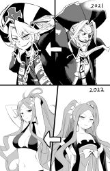Rule 34 | 1boy, 1girl, adjusting hair, ahoge, armpits, arms up, beard, bikini, black bikini, breasts, chinese clothes, christopher-kun (fate), christopher columbus (fate), comic, eyebrows hidden by hair, facial hair, fate/grand order, fate (series), flat chest, greyscale, hair between eyes, hanfu, hat, highres, hirunagi, long hair, looking at viewer, medium breasts, monochrome, open mouth, short hair, silent comic, smile, swimsuit, twintails, white hair, wu zetian (fate), wu zetian (swimsuit caster) (fate)