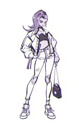 Rule 34 | alternate costume, asymmetrical hair, bag, black choker, black tube top, casual, choker, closed mouth, contemporary, crop top, denim, earrings, full body, hand in pocket, handbag, highres, holding, holding bag, hoop earrings, jacket, jeans, jewelry, legs apart, long hair, midriff, navel, open clothes, open jacket, overwatch, overwatch 2, pants, partially colored, purple eyes, purple hair, road 233, shaved head, shoes, simple background, skinny, smile, sneakers, sombra (overwatch), standing, strapless, tube top, undercut, white background