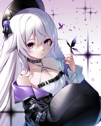 Rule 34 | 1girl, aether gazer, black coat, black headwear, black ribbon, breasts, bug, butterfly, butterfly on hand, cleavage, closed mouth, coat, collar, collarbone, flower, frown, grey collar, hair between eyes, hair flower, hair ornament, hair ribbon, hella (aether gazer), highres, insect, long hair, long sleeves, looking at viewer, nail polish, nekomu, orange nails, purple eyes, purple flower, ribbon, shirt, small breasts, solo, upper body, very long hair, white hair, white shirt
