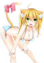 Rule 34 | 1girl, animal ears, bent over, bikini, blonde hair, blush, breasts, cat ears, cat tail, cleavage, covered erect nipples, green eyes, hands on own knees, leaning forward, natsu (natume0504), original, side-tie bikini bottom, solo, swimsuit, tail