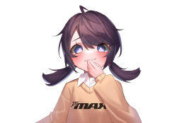 Rule 34 | 1girl, absurdres, ahoge, brown hair, brown sweater, character request, collared shirt, commentary request, djmax, dress shirt, hair between eyes, hand to own mouth, hand up, highres, iznal, long hair, long sleeves, looking at viewer, low twintails, parted lips, puffy long sleeves, puffy sleeves, purple eyes, shirt, simple background, sleeves past wrists, smile, solo, sweater, twintails, upper body, white background, white shirt