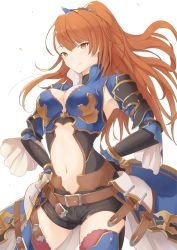 Rule 34 | 10s, 1girl, armor, armpits, asymmetrical bangs, bad id, bad pixiv id, beatrix (granblue fantasy), belt, belt buckle, black armor, black shorts, blue cape, blue footwear, boots, breasts, brown belt, buckle, cape, cleavage, closed mouth, cowboy shot, crop top, floating hair, gauntlets, granblue fantasy, hair ornament, hands on own hips, high collar, high ponytail, long hair, looking at viewer, medium breasts, navel, orange eyes, orange hair, petals, red thighhighs, ryuga (balius), shiny clothes, short shorts, shorts, simple background, smile, solo, standing, thigh boots, thighhighs, turtleneck, waist cape, white background, wide sleeves