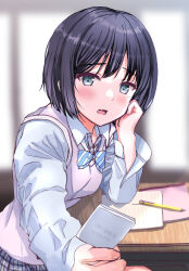 Rule 34 | 1girl, black hair, blue bow, blurry, blurry background, blush, bob cut, bow, bowtie, breasts, collared shirt, day, desk, diagonal-striped bow, diagonal-striped bowtie, diagonal-striped clothes, elbow rest, expressionless, eyelashes, fang, fushimi asuha, giving, grey eyes, hand up, head on hand, head rest, highres, holding, indoors, long sleeves, looking at viewer, note, notebook, open mouth, original, outstretched arm, partially unbuttoned, pen, pink vest, pov, school desk, school uniform, shirt, short hair, skin fang, small breasts, solo, striped bow, striped bowtie, striped clothes, upper body, vest, white shirt