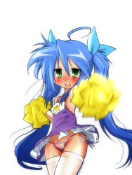 Rule 34 | 00s, 1girl, ahoge, bad id, bad pixiv id, blue hair, blush, cheerleader, flat chest, green eyes, hair ribbon, highres, izumi konata, long hair, looking at viewer, lucky star, mizushima (p201112), mole, mole under eye, nipple slip, nipples, open mouth, panties, pom pom (cheerleading), ribbon, simple background, solo, sweat, thighhighs, twintails, underwear, white background, white thighhighs