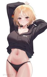 Rule 34 | 1girl, absurdres, arms up, artist name, black hoodie, black panties, blonde hair, blush, breasts, brown eyes, collarbone, commentary, commission, cowboy shot, english commentary, eyelashes, eyes visible through hair, girls&#039; frontline, highres, hood, hoodie, large breasts, long sleeves, midriff, mp40 (girls&#039; frontline), navel, panties, parted lips, rynzfrancis, short hair, simple background, solo, stomach, underwear, white background