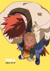 Rule 34 | 2boys, age difference, aged down, blonde hair, blush, boku no hero academia, brown jacket, casual, child, dated, denim, endeavor (boku no hero academia), feathered wings, foreshortening, from above, hawks (boku no hero academia), highres, jacket, jeans, looking up, male focus, multiple boys, ozke, pants, perspective, red hair, red wings, short hair, simple background, size difference, spiked hair, wings, yellow background