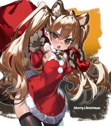Rule 34 | 1girl, aisaka taiga, amoeba yuanchong, animal ear fluff, animal ears, animal hands, bell, black gloves, black thighhighs, blush, brown eyes, brown hair, commentary, cowboy shot, detached sleeves, dress, fang, fur-trimmed dress, fur trim, gloves, hair between eyes, highres, long hair, looking at viewer, merry christmas, neck bell, open mouth, paw gloves, red sleeves, santa dress, solo, sweatdrop, tail, thighhighs, tiger ears, tiger tail, toradora!, twintails