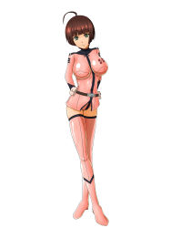 Rule 34 | 10s, 1girl, antenna hair, arms behind back, belt, bodysuit, boots, breasts, brown hair, covered erect nipples, female focus, full body, green eyes, harada makoto, highres, large breasts, legs, looking at viewer, ocza, short hair, simple background, smile, solo, standing, thigh boots, thighhighs, thighs, uchuu senkan yamato, uchuu senkan yamato 2199, white background, woodzzz