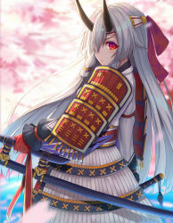 Rule 34 | 1girl, armor, blurry, blush, cherry blossoms, closed mouth, depth of field, fate/grand order, fate (series), hachimaki, hair between eyes, headband, highres, horns, japanese armor, katana, long hair, looking at viewer, looking back, mhong, oni horns, outdoors, red eyes, sheath, sheathed, shoulder armor, sidelocks, silver hair, sode, solo, sword, tomoe gozen (fate), very long hair, weapon