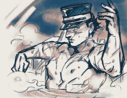 Rule 34 | 1boy, aoi (husiginokuninoa), bara, blush, golden kamuy, hand up, hat, hat over one eye, kepi, large pectorals, looking at viewer, male focus, military hat, monochrome, muscular, muscular male, nipples, nude, onsen, pectorals, scar, scar on face, scar on mouth, scar on nose, short hair, sketch, solo, steam, sugimoto saichi, upper body, wet