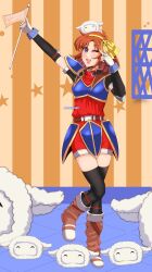 Rule 34 | 1girl, anelace elfead, armor, azumishard, boots, breastplate, brown hair, commentary, eiyuu densetsu, english commentary, english text, fingerless gloves, flag, full body, gloves, highres, holding, holding flag, one eye closed, open mouth, pauldrons, purple eyes, sheep, shoulder armor, solo, sora no kiseki, star (symbol), striped, striped background, thighhighs, twitter username