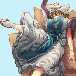 Rule 34 | 1girl, animal hat, blonde hair, blue background, breasts, chanta (ayatakaoisii), curvy, dress, fox tail, frilled dress, frills, hand on headwear, hat, large breasts, long sleeves, looking down, mob cap, multiple tails, plump, sandals, short hair, simple background, solo, tabard, tabi, tail, touhou, white dress, wide sleeves, yakumo ran, zouri