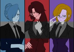 Rule 34 | 2016, 3girls, absurdres, artist request, cinder fall, color connection, commentary request, formal, glasses, glynda goodwitch, hair over one eye, highres, misa rwby, multiple girls, nail polish, necktie, rwby, suit, winter schnee