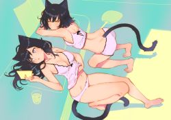 Rule 34 | 2girls, absurdres, ahoge, animal ears, arched back, arm support, armpits, arutera, ass, back, bare legs, barefoot, black hair, blue eyes, book, breasts, bright pupils, camisole, cat ears, cat tail, cleavage, collarbone, cup, drink, drinking glass, feet, full body, hand fan, head tilt, highres, holding, holding book, indoors, kneeling, leaning forward, long hair, medium breasts, multiple girls, navel, open book, original, panties, paper fan, pillow, pink panties, reading, sleeveless, spaghetti strap, stomach, tail, toes, tsurime, uchiwa, underwear, underwear only, water, yellow eyes