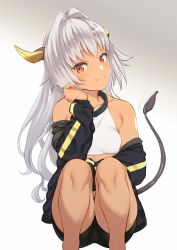 Rule 34 | 1girl, bare legs, bare shoulders, bike shorts, breasts, closed mouth, collarbone, crop top, dark-skinned female, dark skin, dragon girl, gradient background, grey background, hair intakes, highres, horns, jacket, long hair, long sleeves, looking at viewer, off shoulder, original, red eyes, silver hair, small breasts, smile, solo, squatting, tail, takunomi, taut clothes, ursula (takunomi), white background