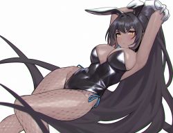 Rule 34 | 1girl, animal ears, armpits, arms up, bare shoulders, black hair, black leotard, blue archive, blush, breasts, cleavage, closed mouth, commentary request, curvy, dark-skinned female, dark skin, fake animal ears, fishnet pantyhose, fishnets, gloves, highleg, highleg leotard, highres, karin (blue archive), karin (bunny) (blue archive), leotard, long hair, looking at viewer, official alternate costume, pantyhose, playboy bunny, ponytail, rabbit ears, shiny clothes, shiny skin, silver hair, simple background, siun, solo, thong leotard, very long hair, white background, white gloves, wide hips, yellow eyes